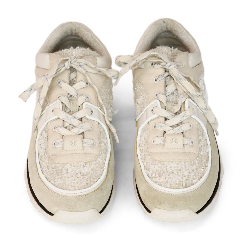 Chanel White Tweed 
Leather CC Sneakers