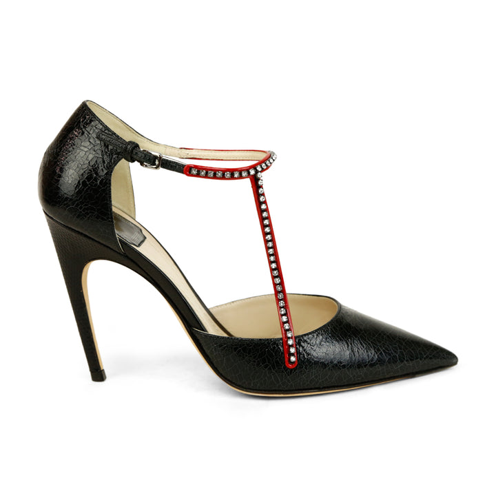 Christian Dior Black Crackled Leather Crystal Strap Pumps