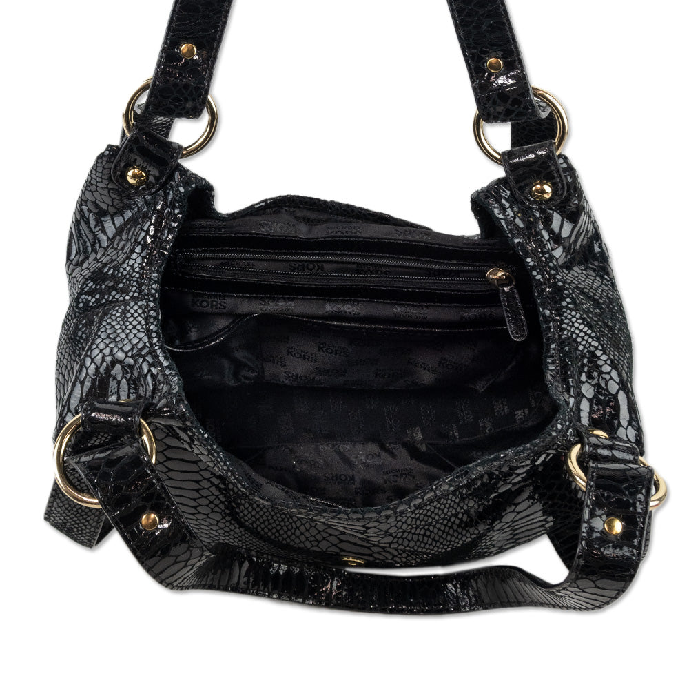 Michael Kors Black Snakeskin Embossed Patent Leather Large Shoulder Tote