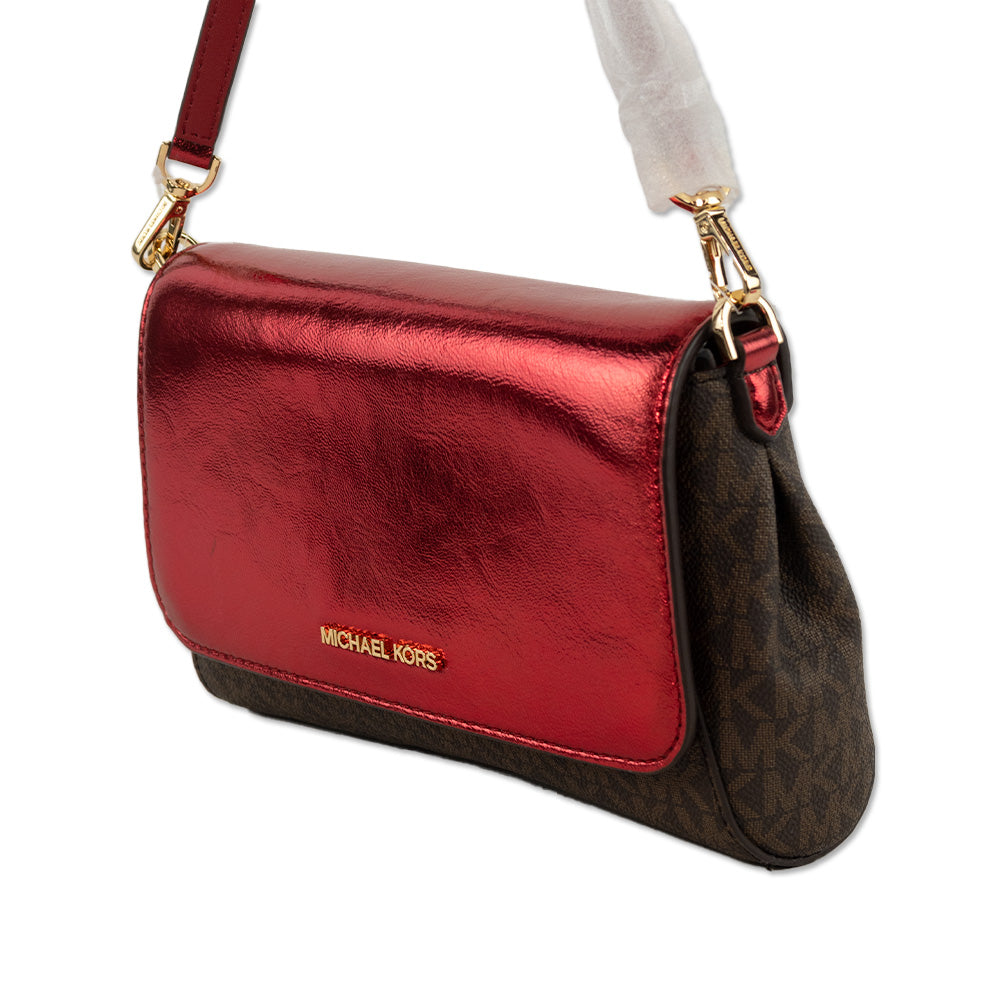 Michael Kors Metallic Crimson Patent and Monogram Coated Canvas Convertible Crossbody Bag