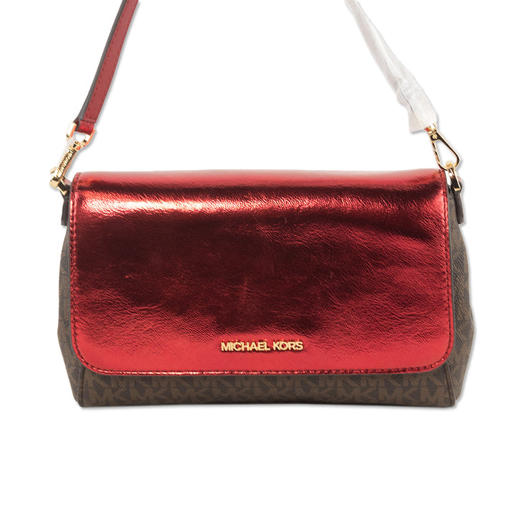 Michael Kors Metallic Crimson Patent and Monogram Coated Canvas Convertible Crossbody Bag