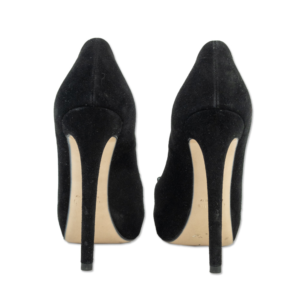 Miu Miu Black Suede Crystal Embellished Peep Toe Platform Pumps