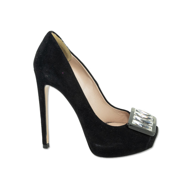 Miu Miu Black Suede Crystal Embellished Peep Toe Platform Pumps