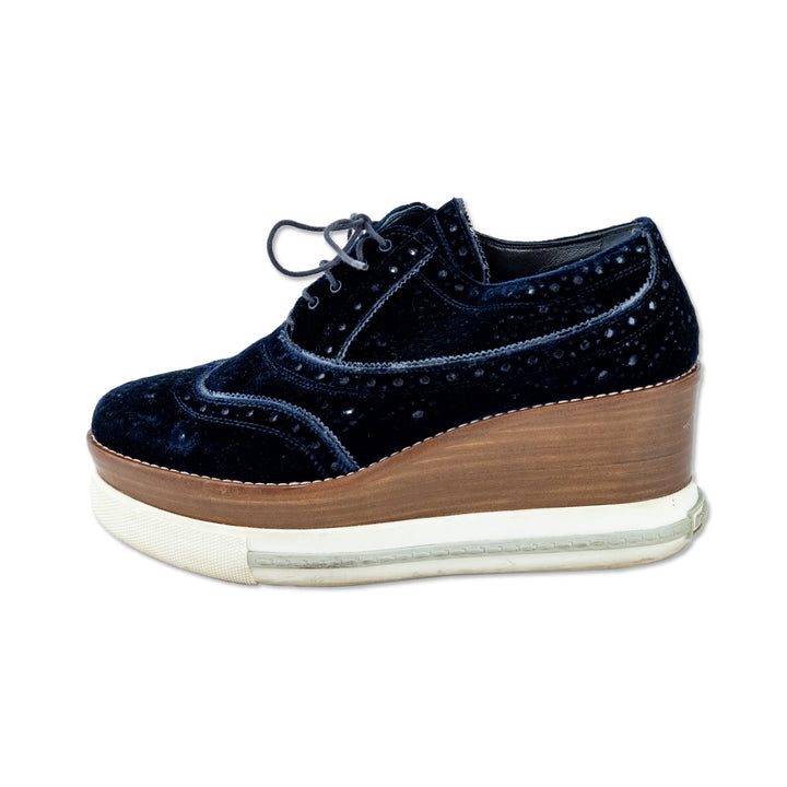 Miu Miu Navy Velvet Wingtip Wedge Platform Oxford Shoes