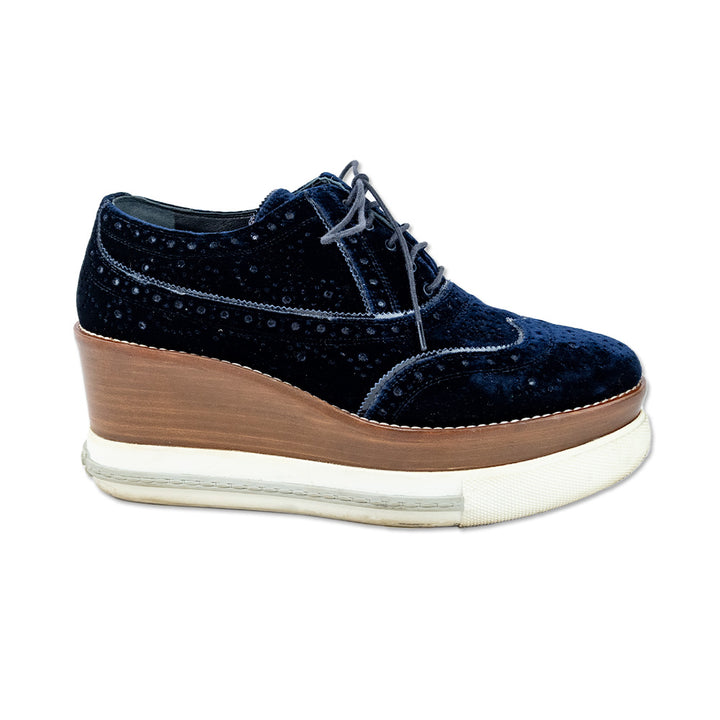 Miu Miu Navy Velvet Wingtip Wedge Platform Oxford Shoes