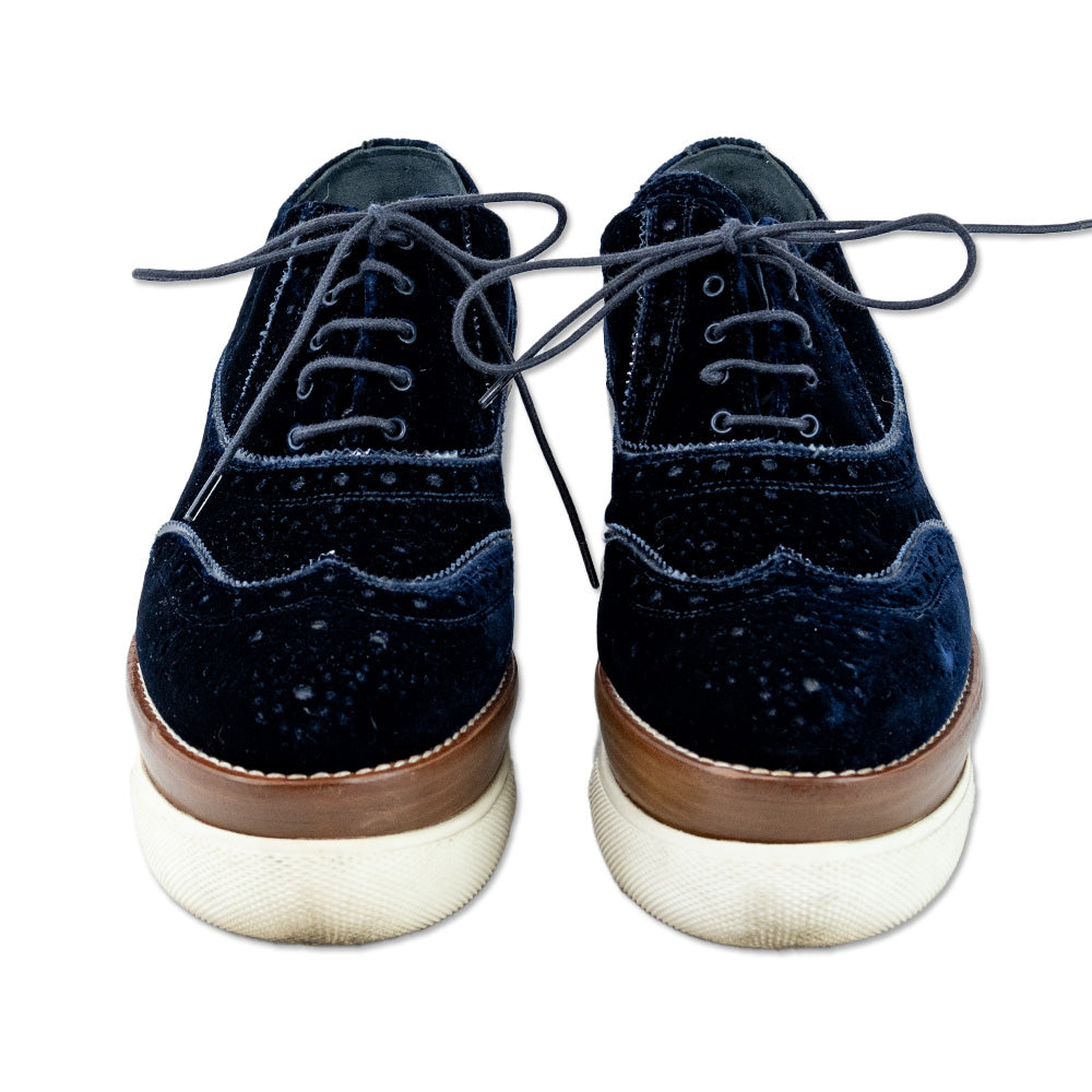 Miu Miu Navy Velvet Wingtip Wedge Platform Oxford Shoes