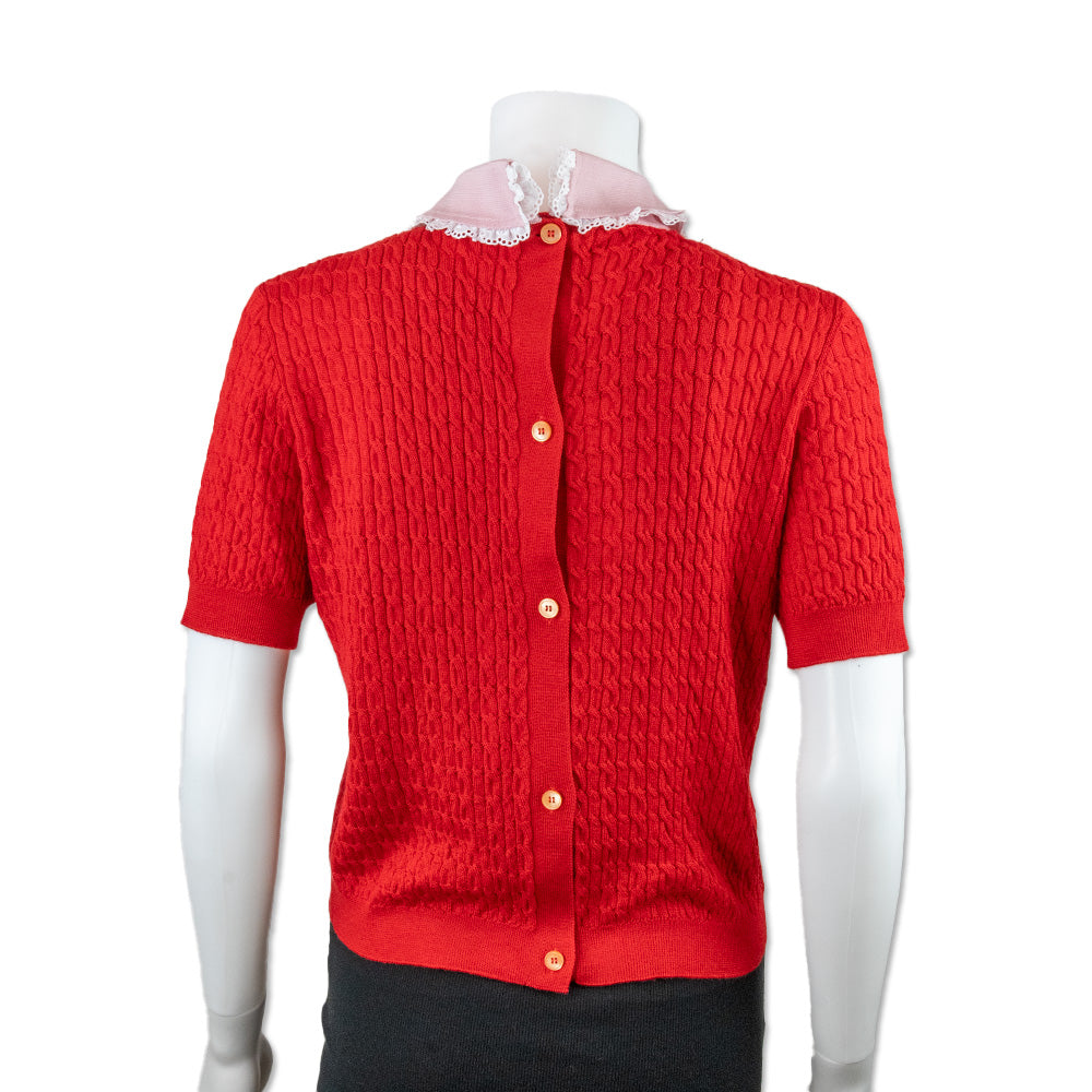 Miu Miu Red Cable Knit Tee with a Lace Trimmed Collar