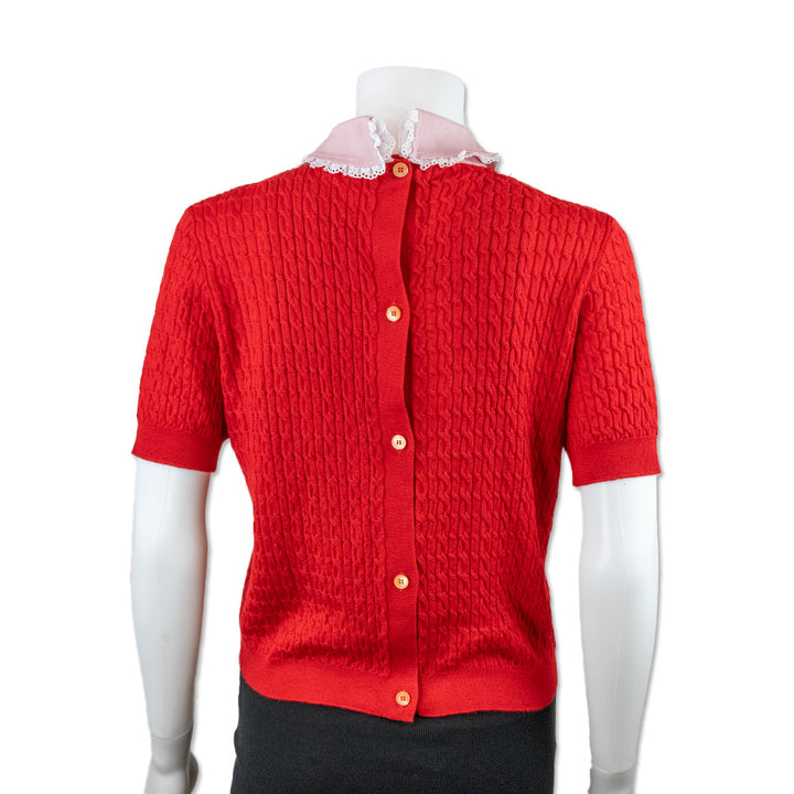 Miu Miu Red Cable Knit Tee with a Lace Trimmed Collar