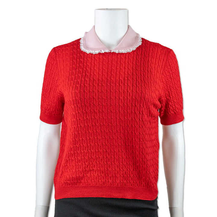 Miu Miu Red Cable Knit Tee with a Lace Trimmed Collar