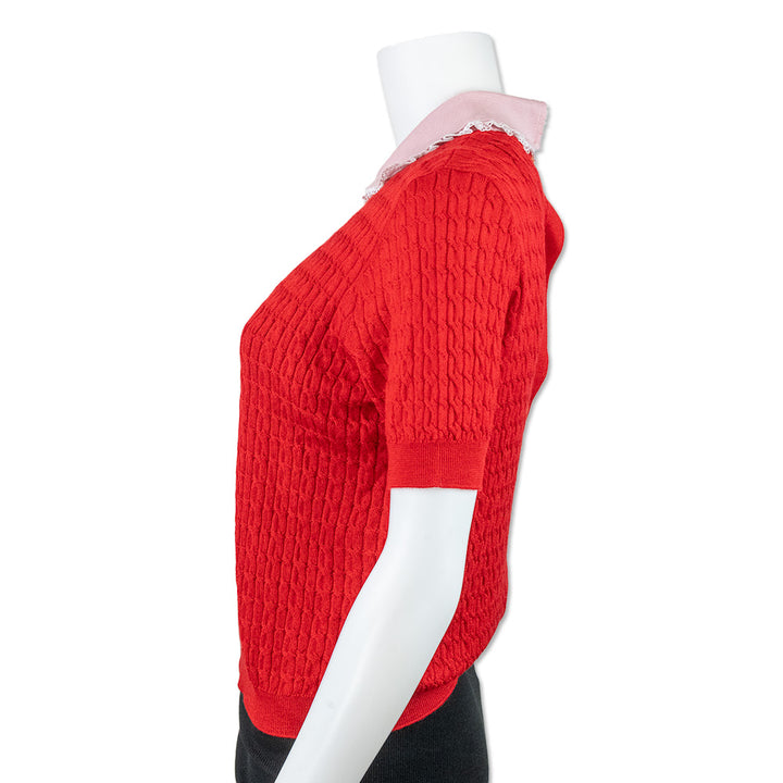 Miu Miu Red Cable Knit Tee with a Lace Trimmed Collar