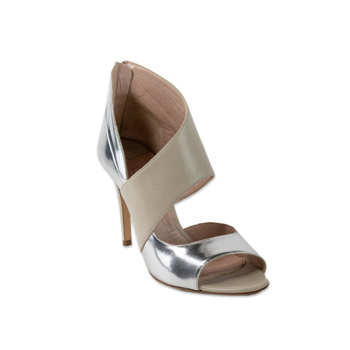 Miu Miu Silver and Tan Leather Peep Toe Pumps