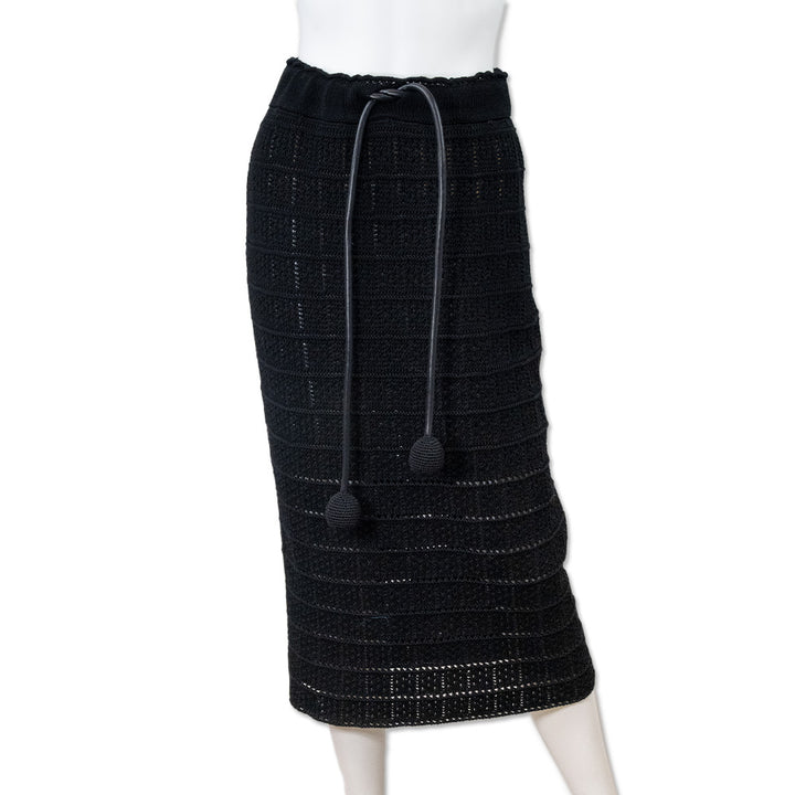 Moncler Black Knit Midi Skirt with Draw String Waist Band