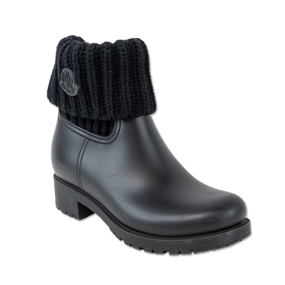 Moncler Ginette Black Ribbed-Knit Cuff Rain Boots