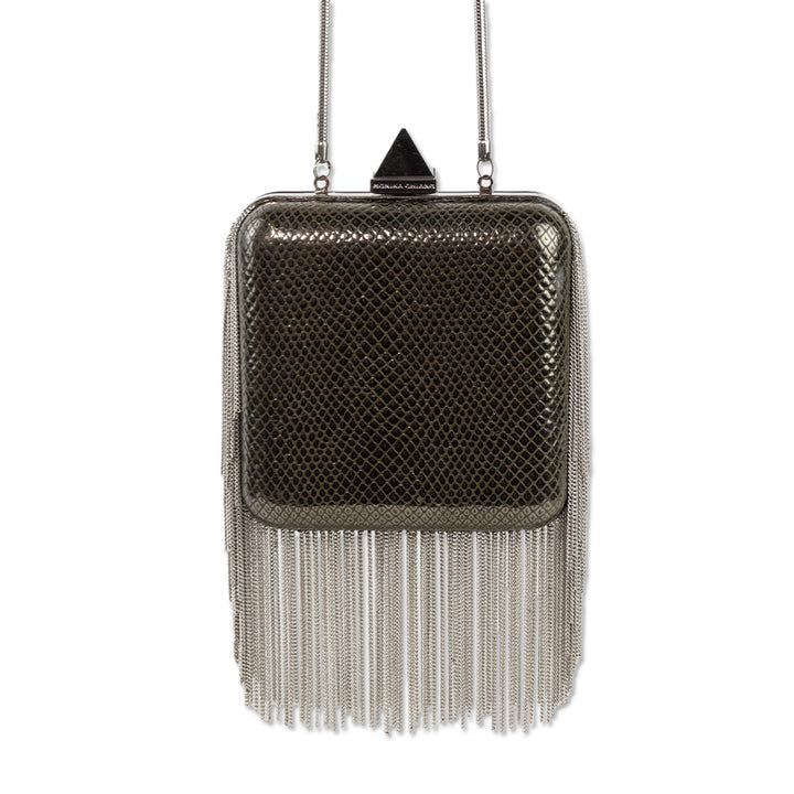 Monika Chiang Gray Snake Skin Embossed Leather Crossbody with Silver Chain Fringe