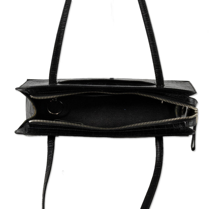 Monsac Black Embossed Leather Shoulder Bag