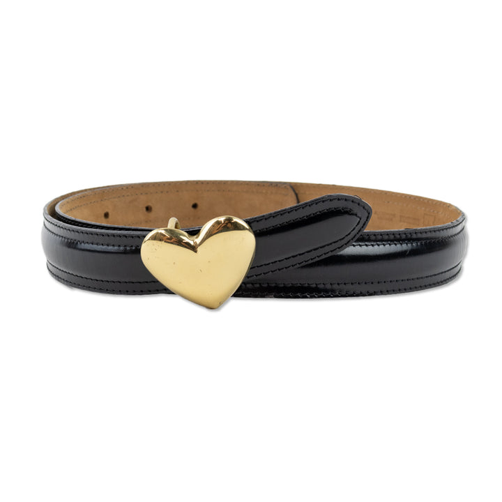 Moschino Black Leather Belt with Gold Heart Buckle