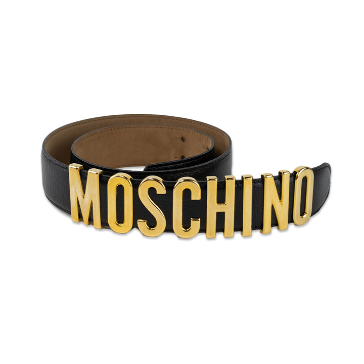 Moschino Black Leather Belt with Gold Logo