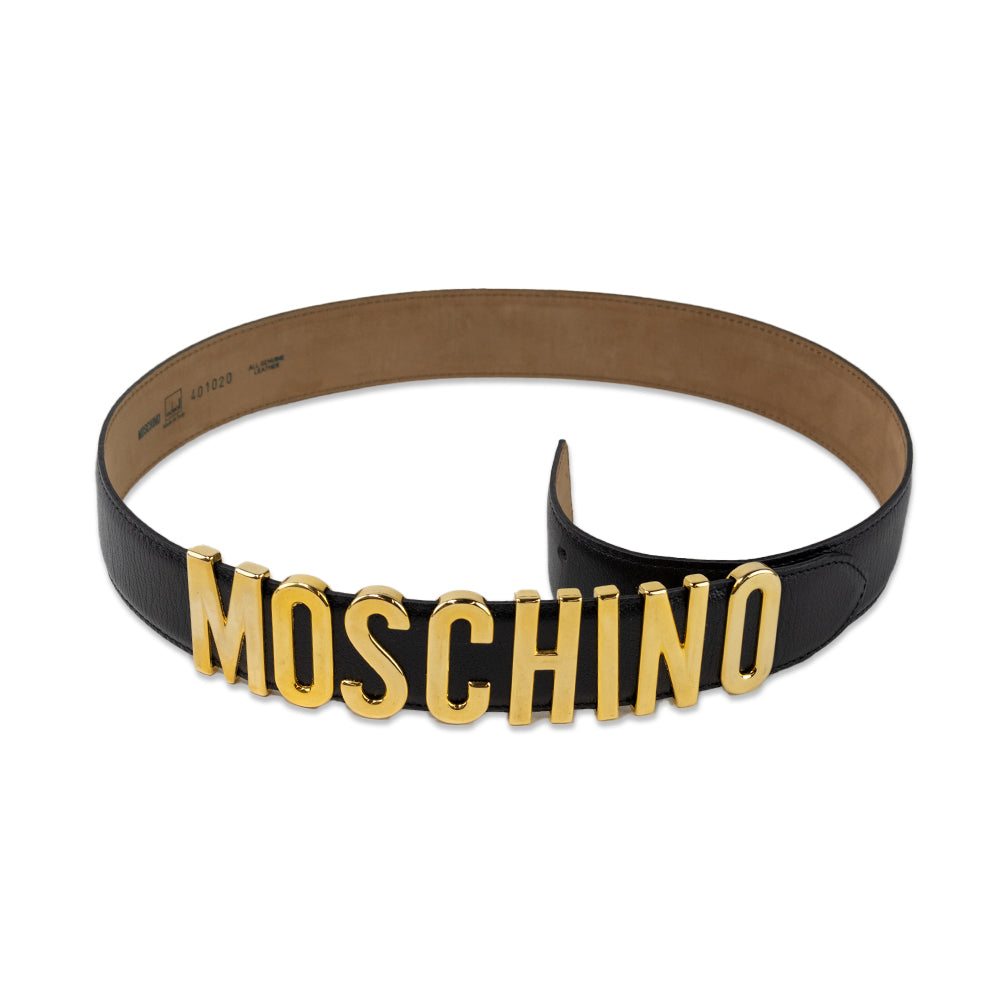 Moschino Black Leather Belt with Gold Logo