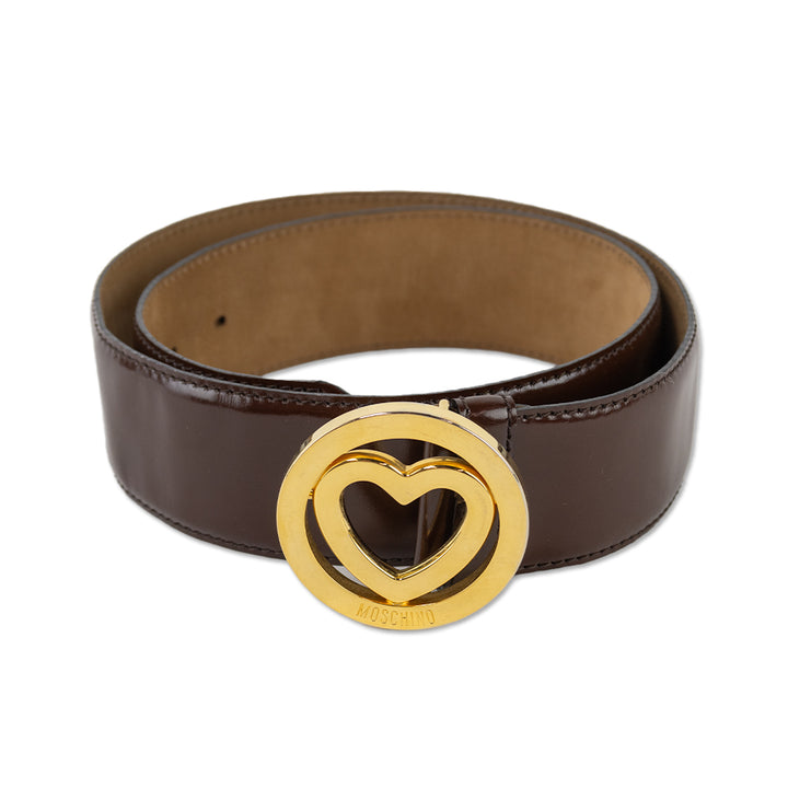 Moschino Brown Leather Gold Heart Buckle Belt