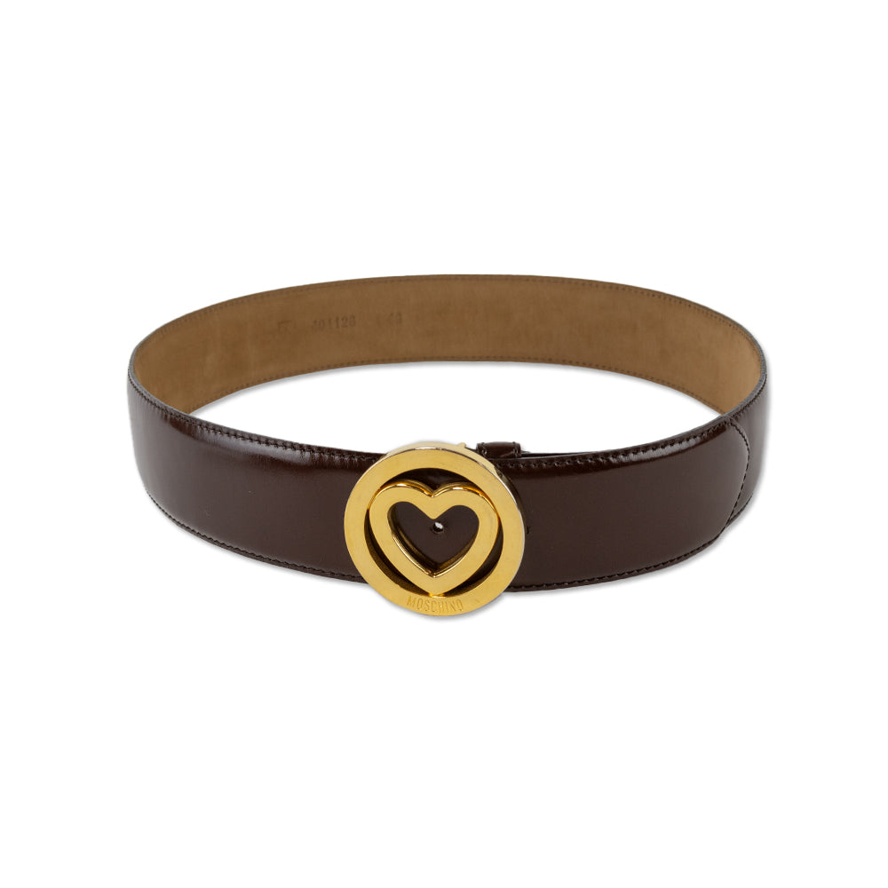 Moschino Brown Leather Gold Heart Buckle Belt