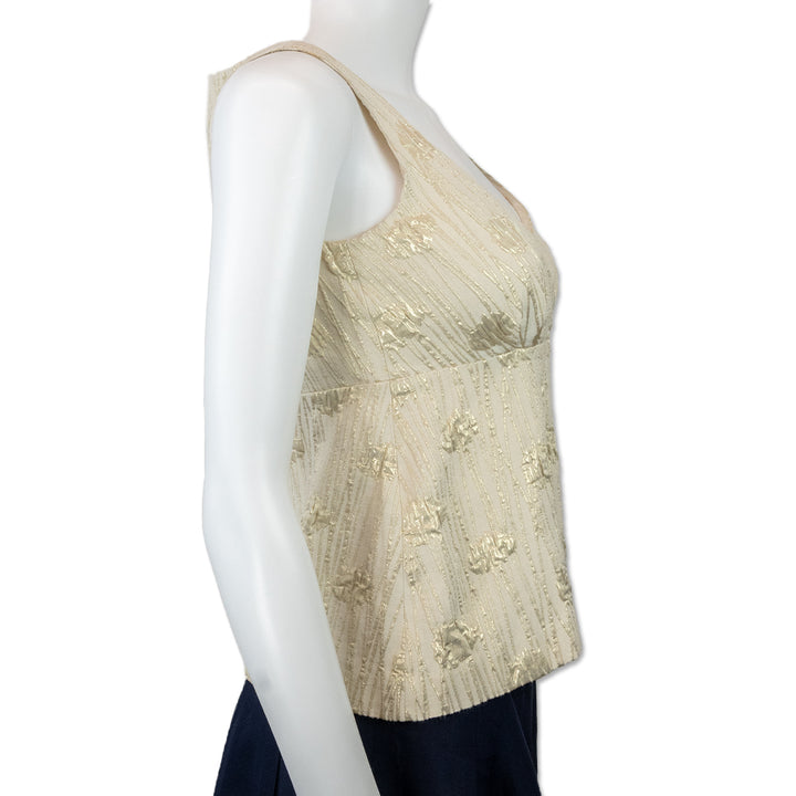 Moschino Cheap and Chic Sleeveless V-Neck White Gold Floral Brocade Blouse