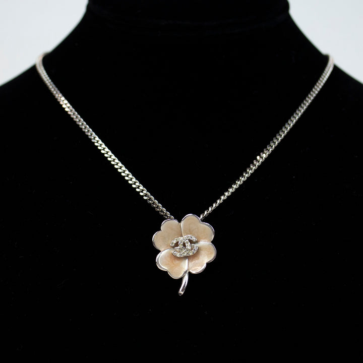 Chanel Sterling Silver 
Enamel Strass Clover Pendant Necklace