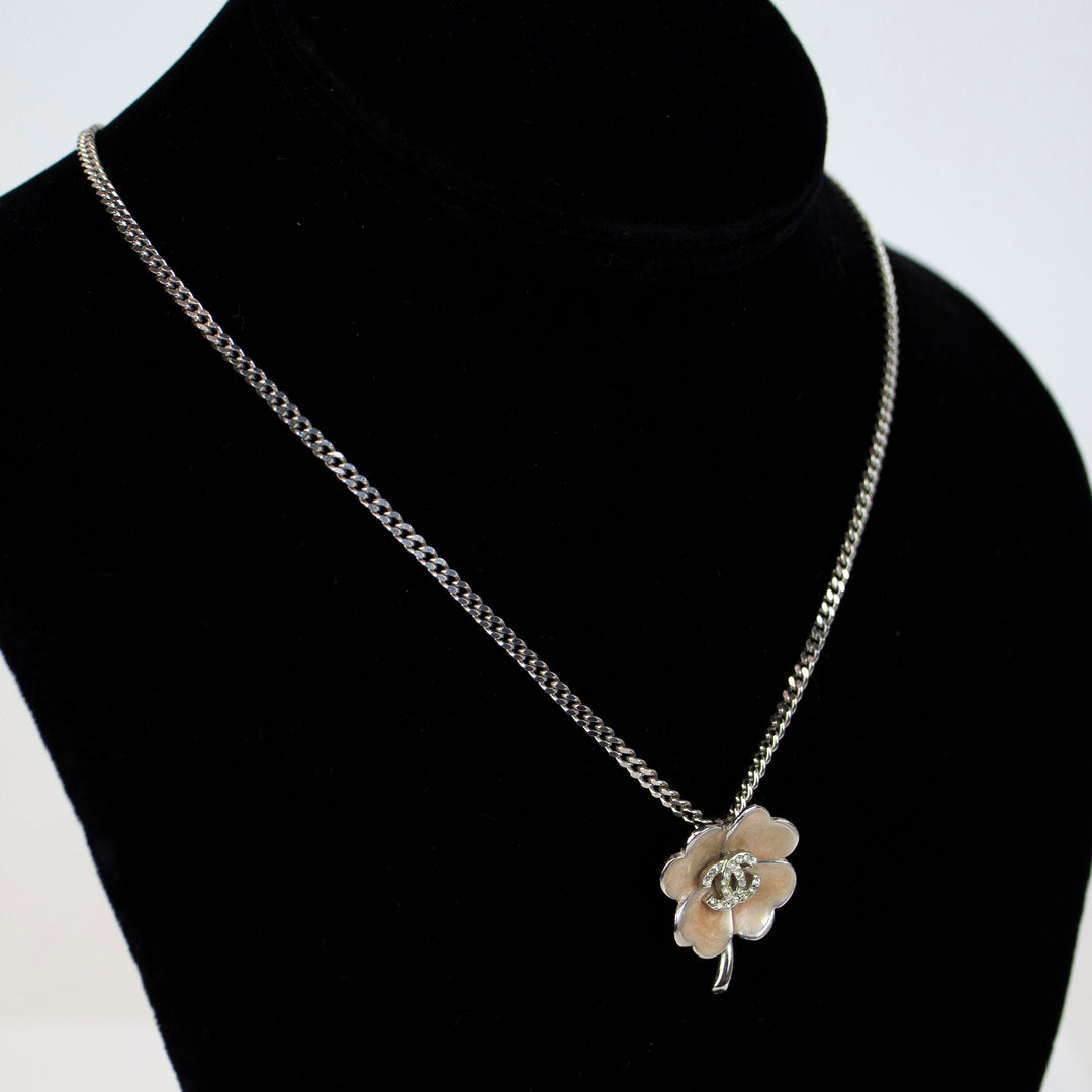 Chanel Sterling Silver 
Enamel Strass Clover Pendant Necklace