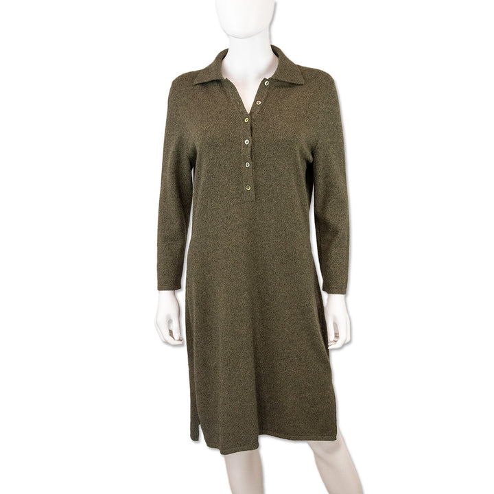 Oscar De La Renta Olive Cashmere Collared Long Sleeves Sweater Midi Dress