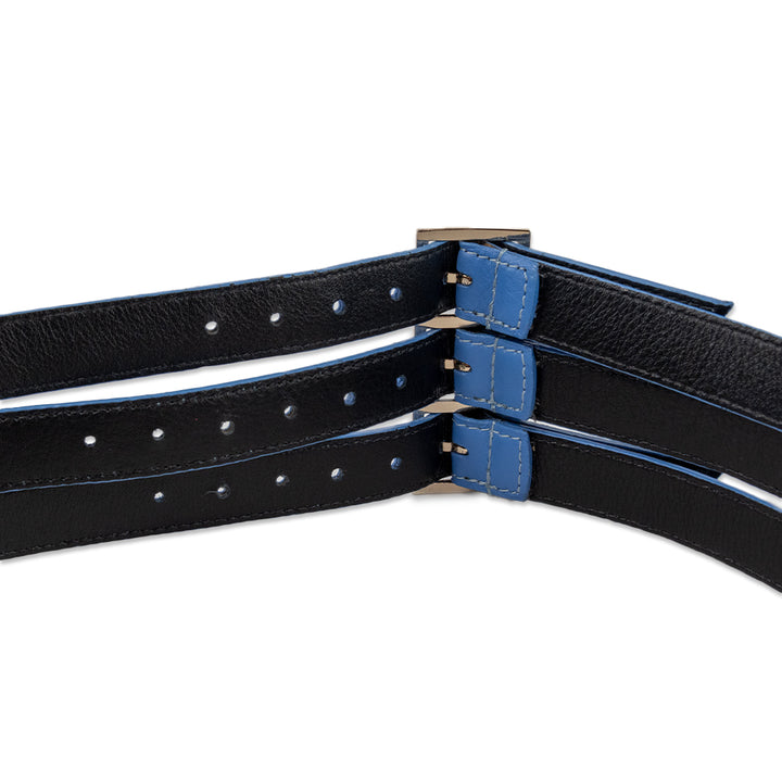 Oscar de la Renta Blue Leather Wide 3 Buckle Belt