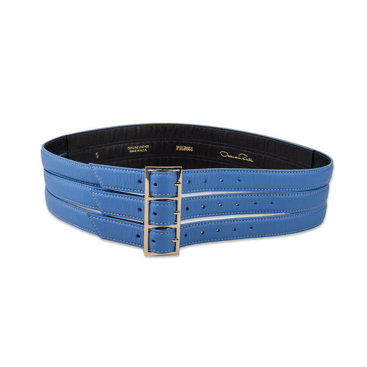 Oscar de la Renta Blue Leather Wide 3 Buckle Belt