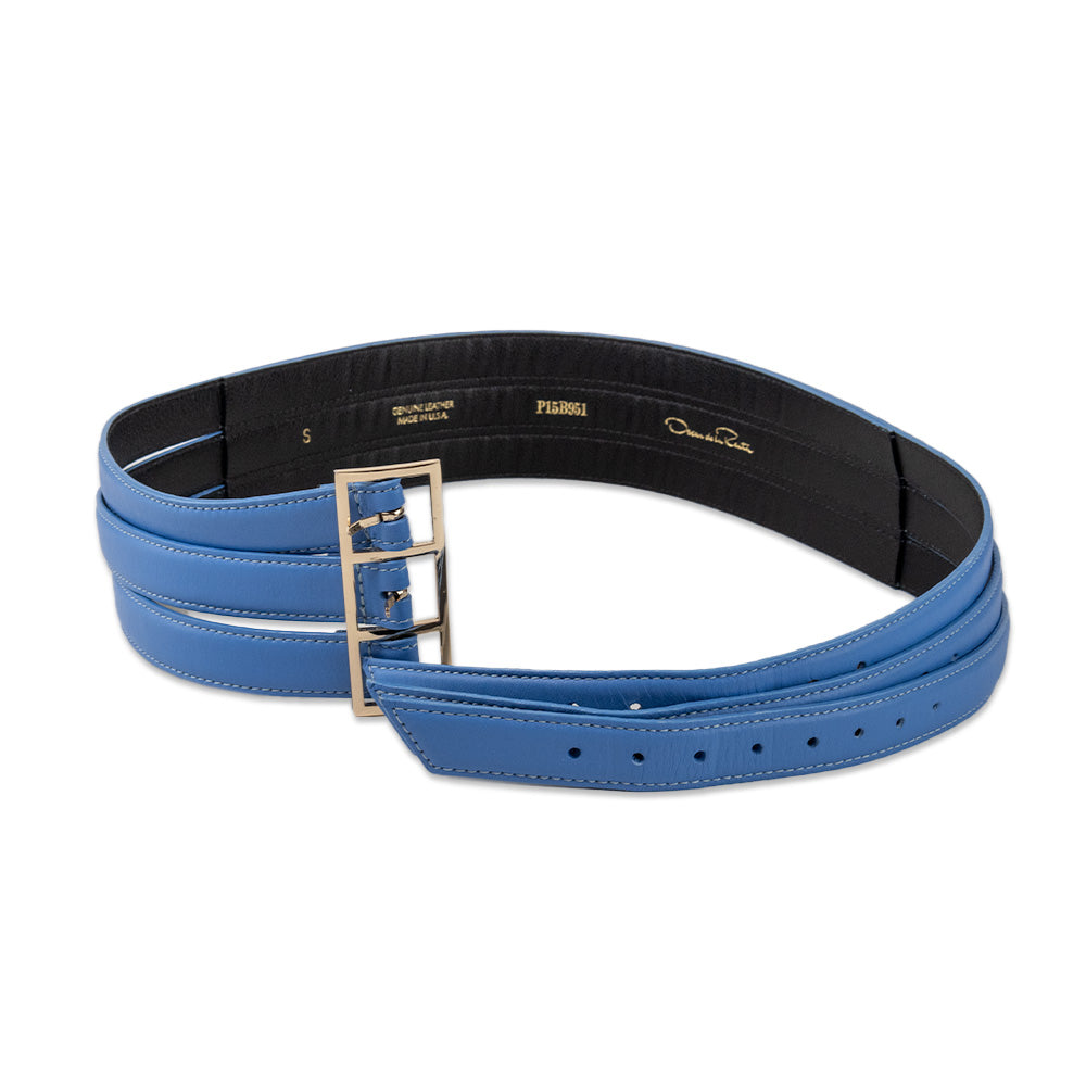 Oscar de la Renta Blue Leather Wide 3 Buckle Belt