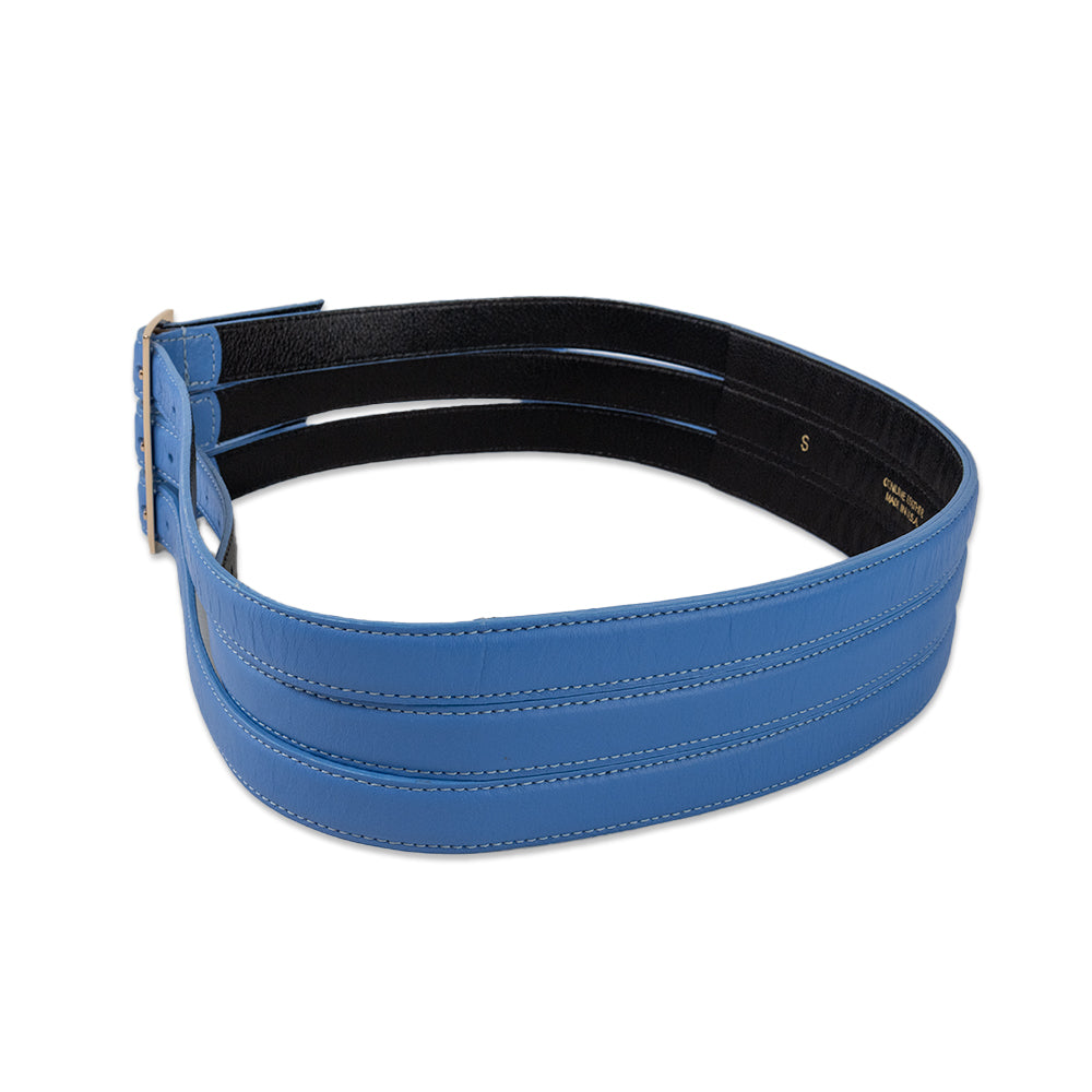 Oscar de la Renta Blue Leather Wide 3 Buckle Belt