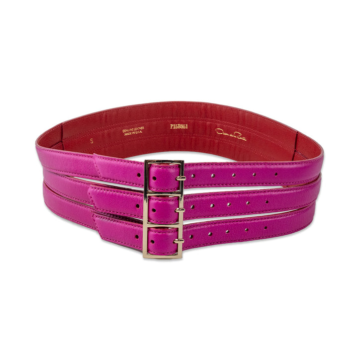 Oscar de la Renta Pink Leather Wide 3 Buckle Belt