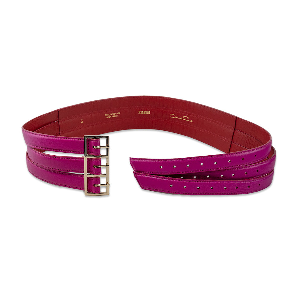 Oscar de la Renta Pink Leather Wide 3 Buckle Belt