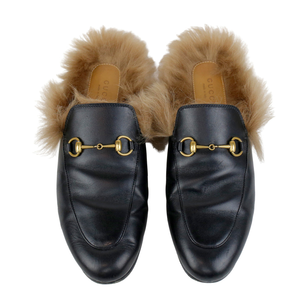 Gucci Princetown Black Leather Fur Mules