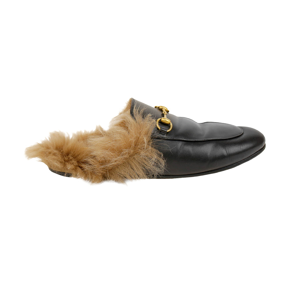 Gucci Princetown Black Leather Fur Mules