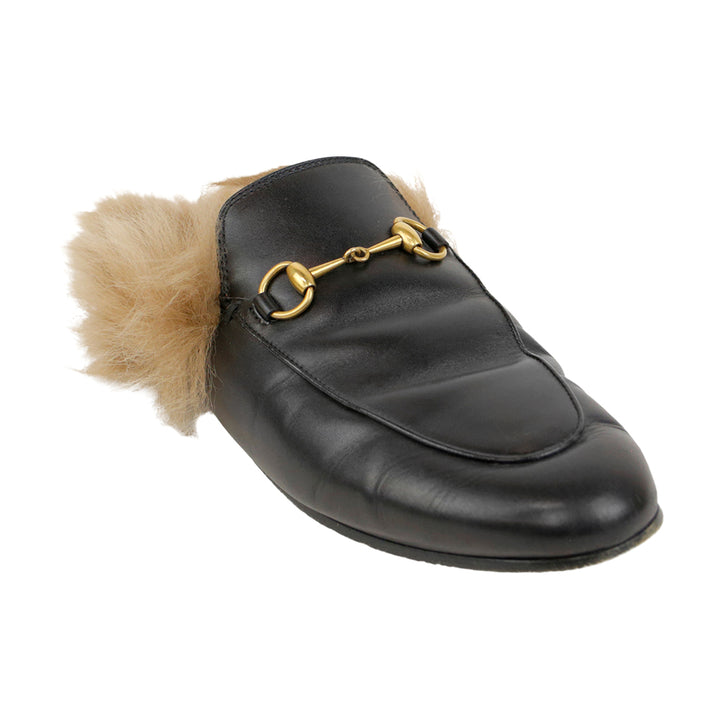 Gucci Princetown Black Leather Fur Mules