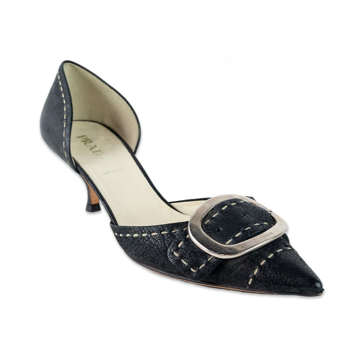 Prada Leather Kitten Heels with Pointed Toe and Silver Buckle