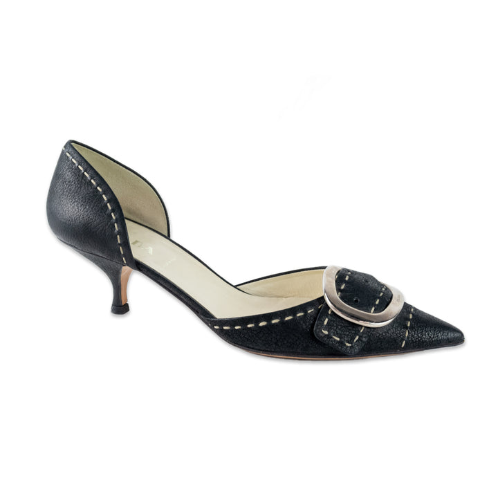 Prada Leather Kitten Heels with Pointed Toe and Silver Buckle