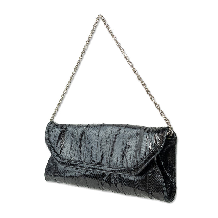 PURE Black Snakeskin Flip Clutch with Detachable Silver Chain