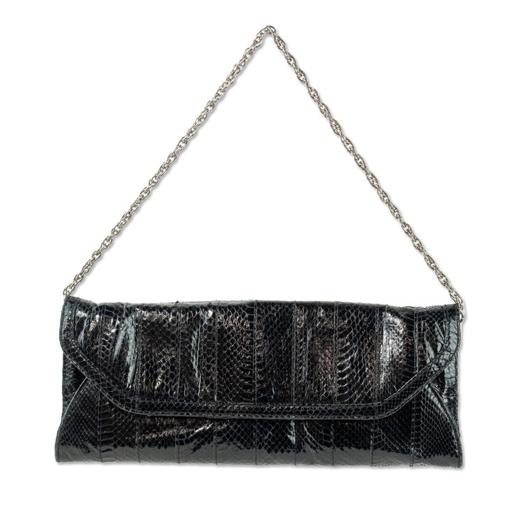 PURE Black Snakeskin Flip Clutch with Detachable Silver Chain