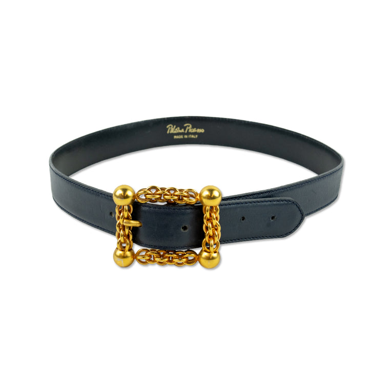 Paloma Picasso Navy Leather Gold Square Chain Buckle Skinny Belt