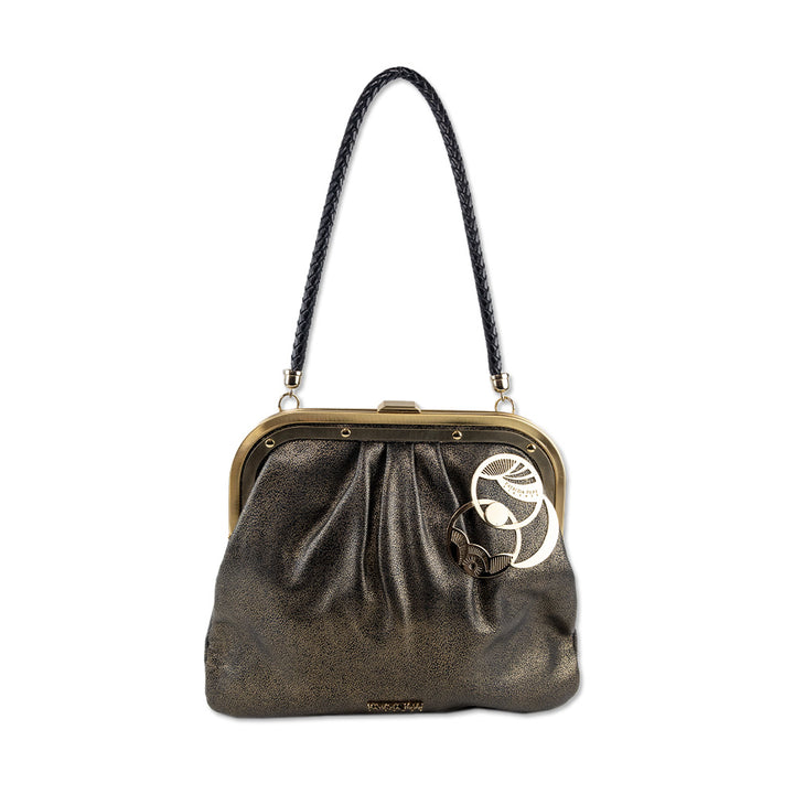 Parizia Pepe Metallic Gold Black Grained Leather Frame Bag