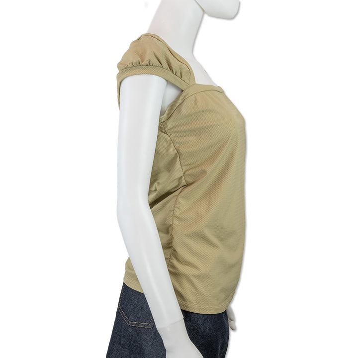 Prada Beige Ribbed Square Neck Ruched Top