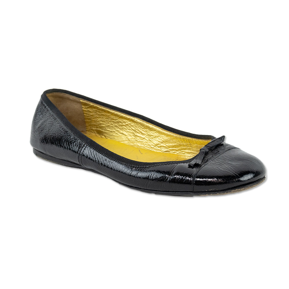 Prada Black Crinkled Patent Leather Bow Ballet Flats