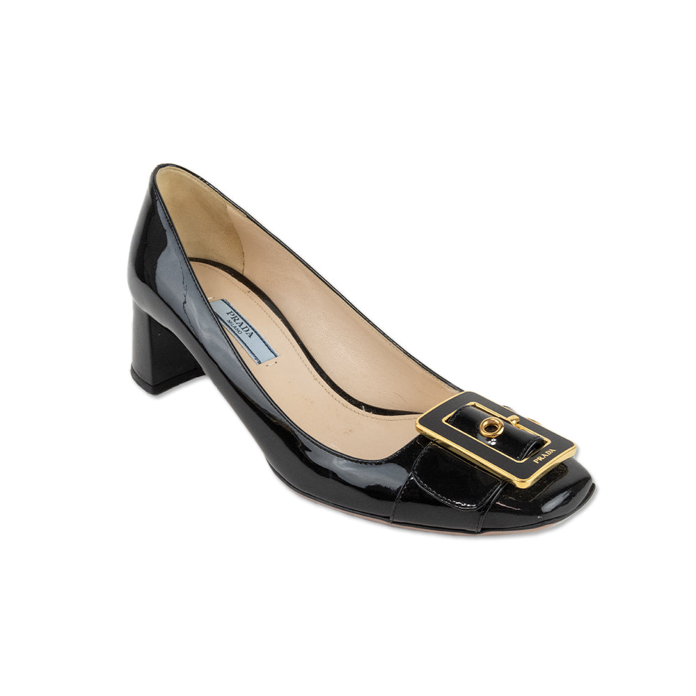 Prada Black Patent Leather Square Toe Loafers with a Block Heel and Gold Buckle