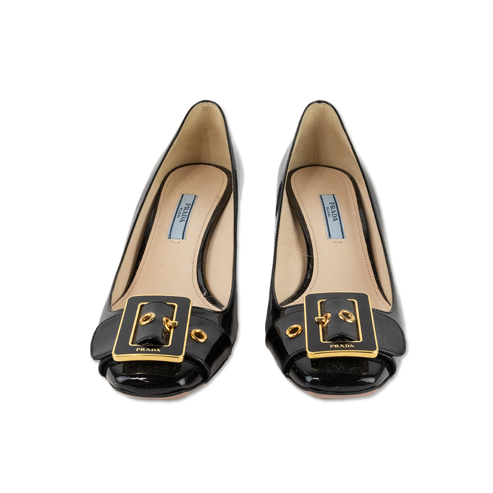 Prada Black Patent Leather Square Toe Loafers with a Block Heel and Gold Buckle