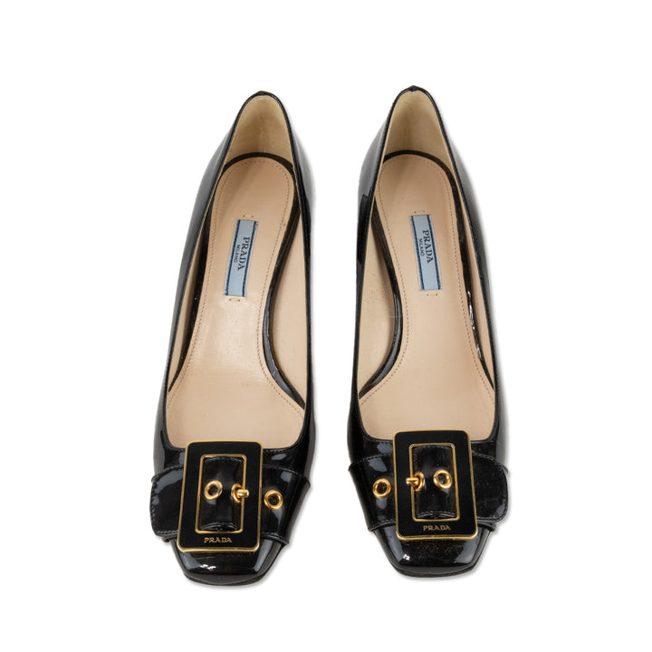 Prada Black Patent Leather Square Toe Loafers with a Block Heel and Gold Buckle