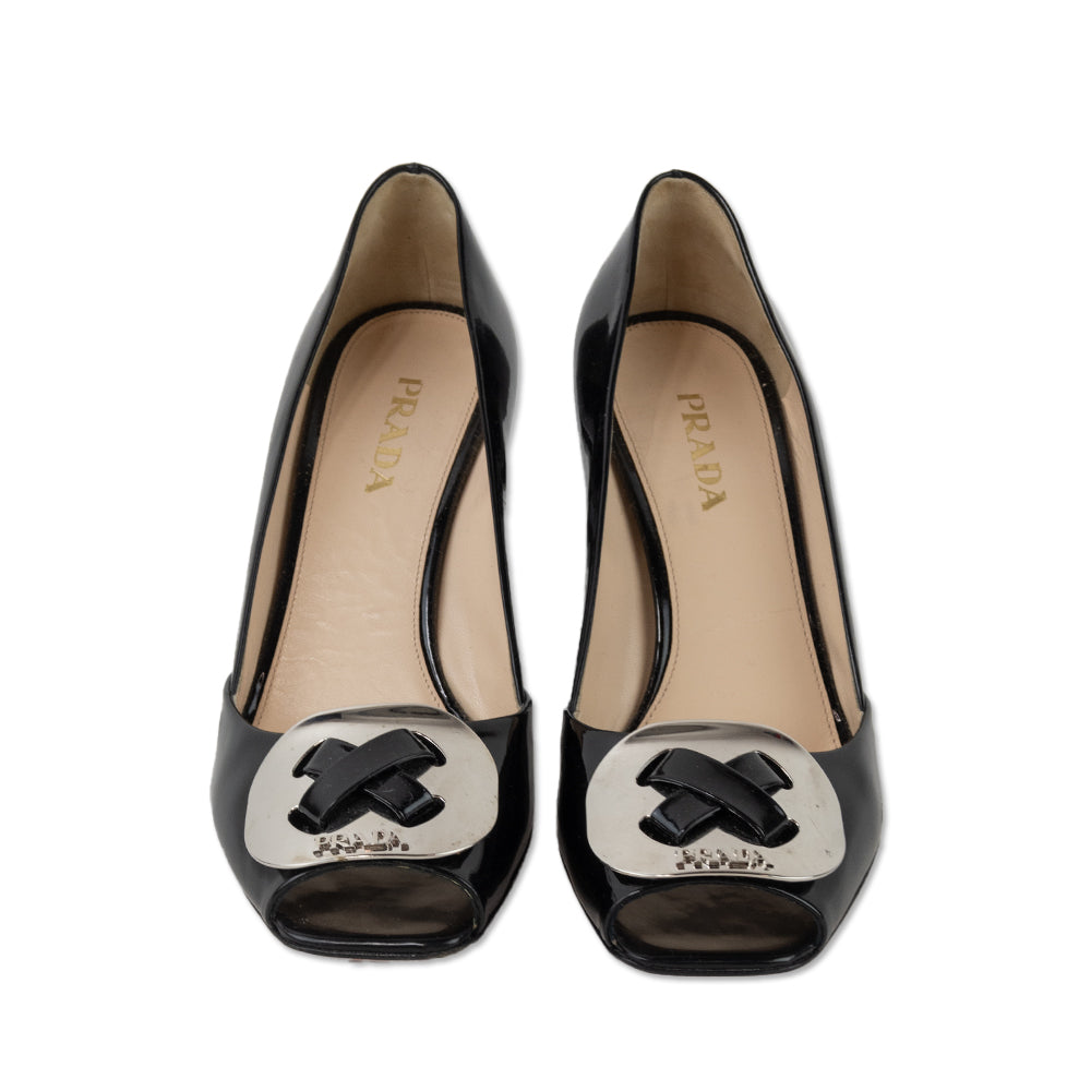 Prada Black Patent Leather Silver Button Peep-Toe Pumps