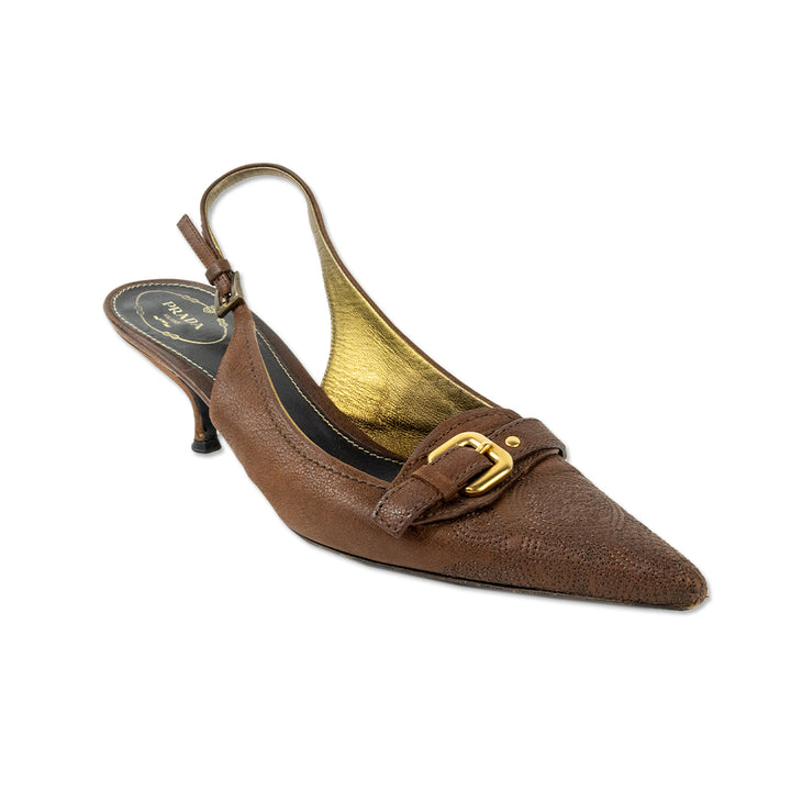 Prada Brown Leather Pointed Toe Slingback Pumps with Gold Buckle